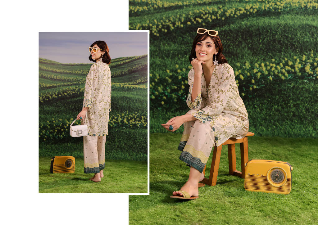 Beige and Green Printed Co-Ord Set