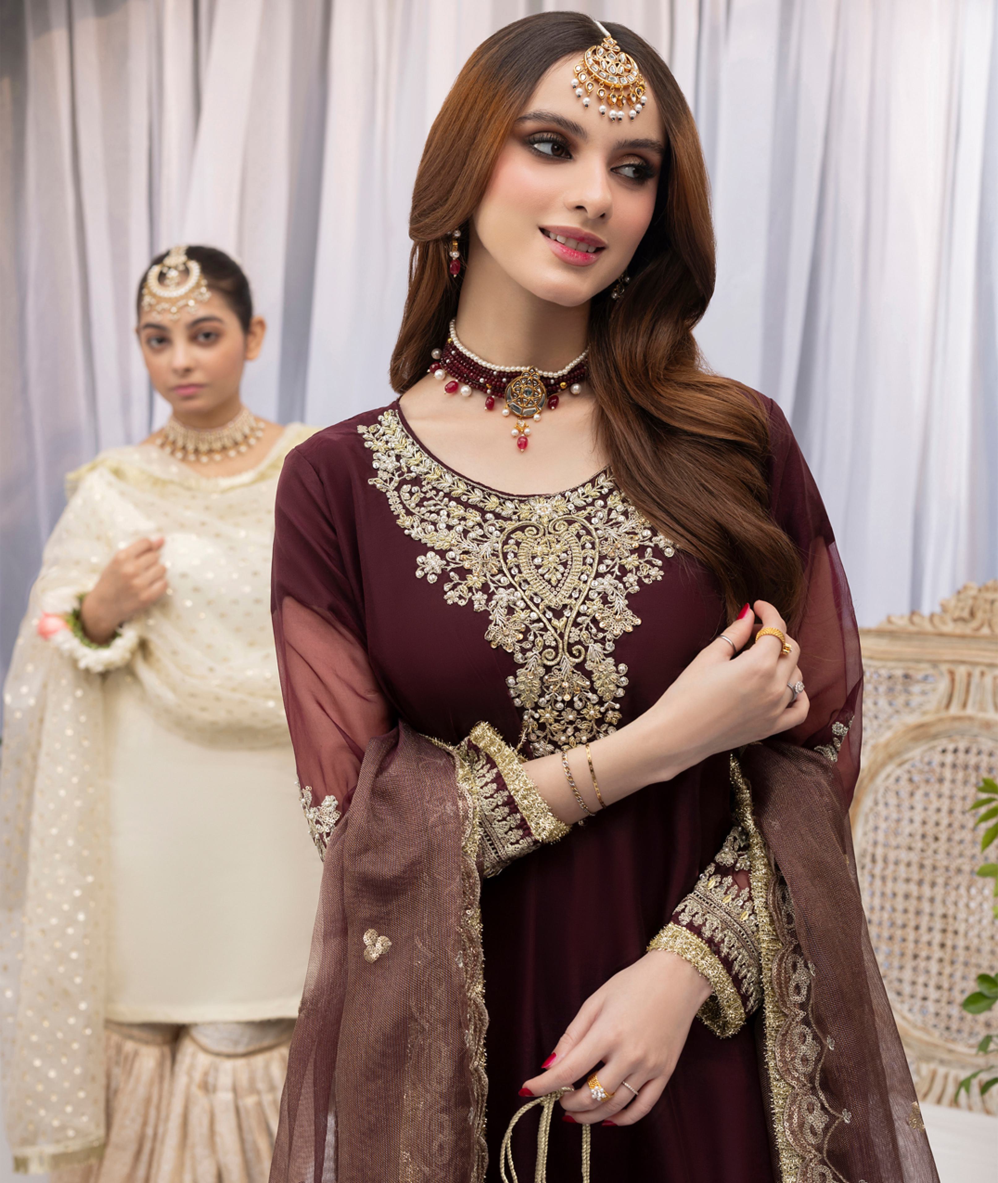 Wine Red Organza Zardozi Festive 3-Piece