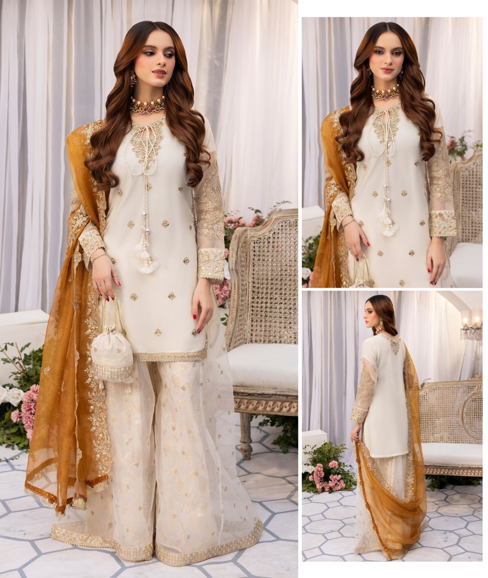 Off-White Organza Zardozi Festive 3-Piece