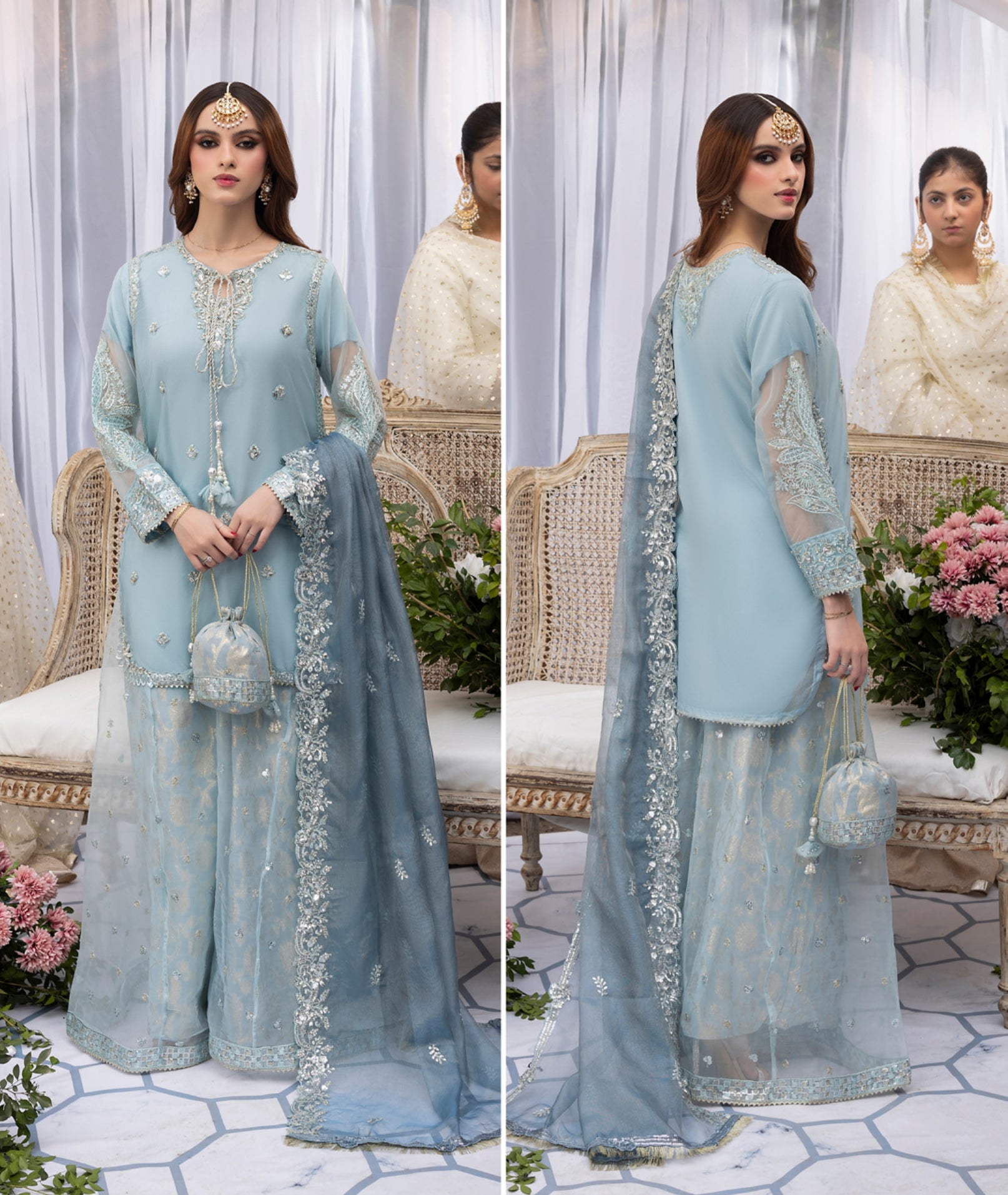 Baby Blue Organza Zardozi Festive 3-Piece