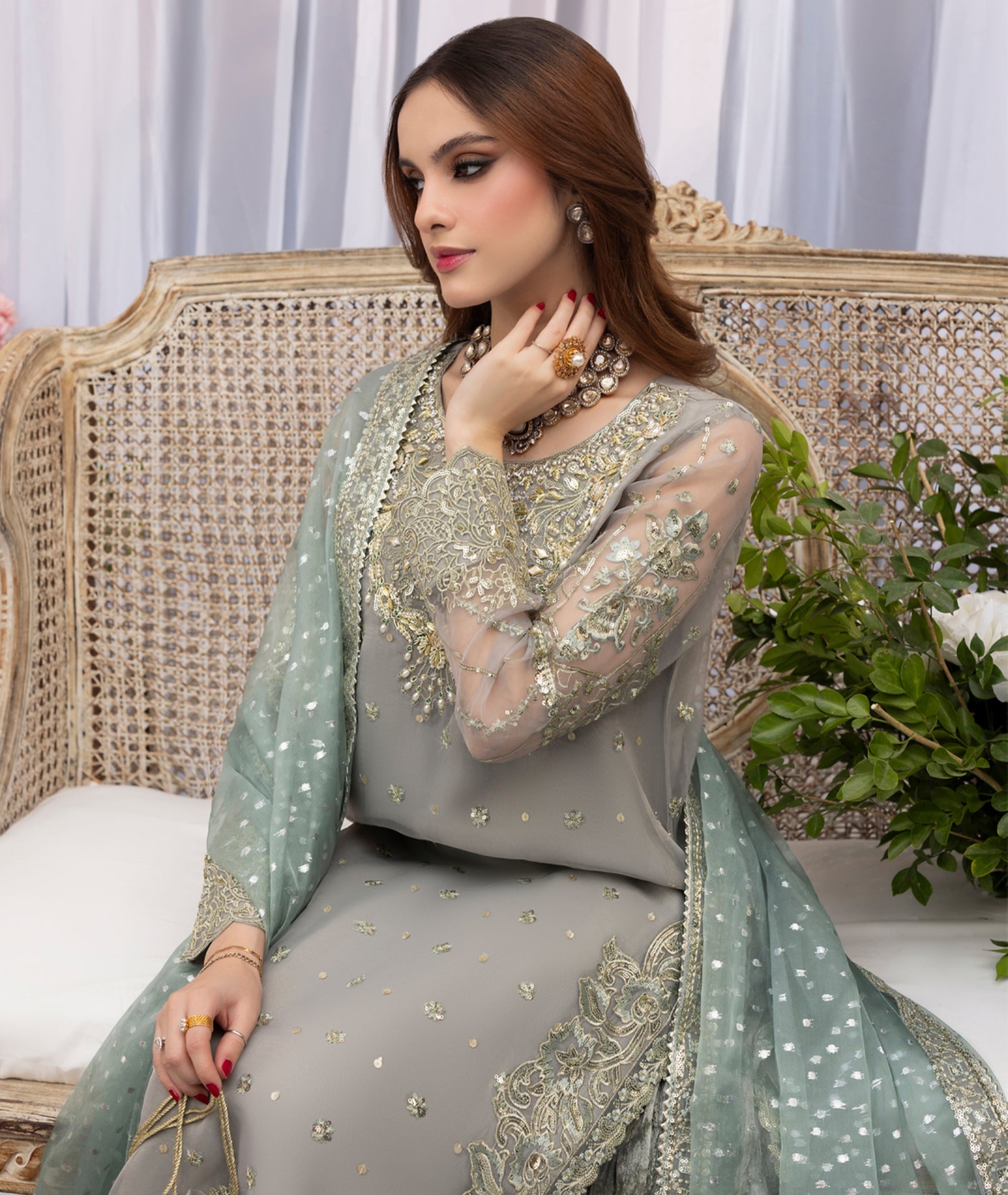 Ice Blue Organza Zardozi Festive 3-Piece