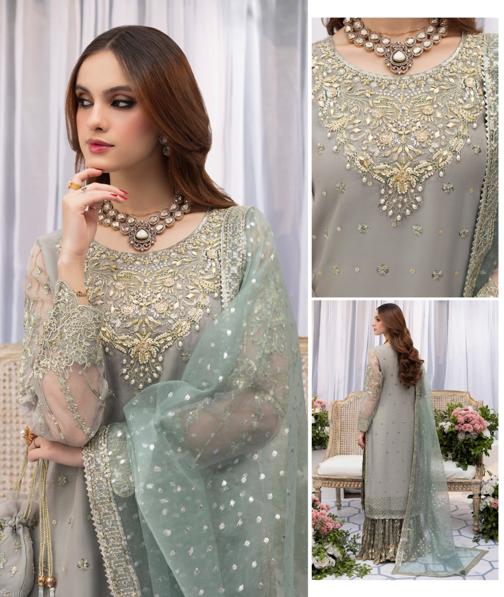 Ice Blue Organza Zardozi Festive 3-Piece