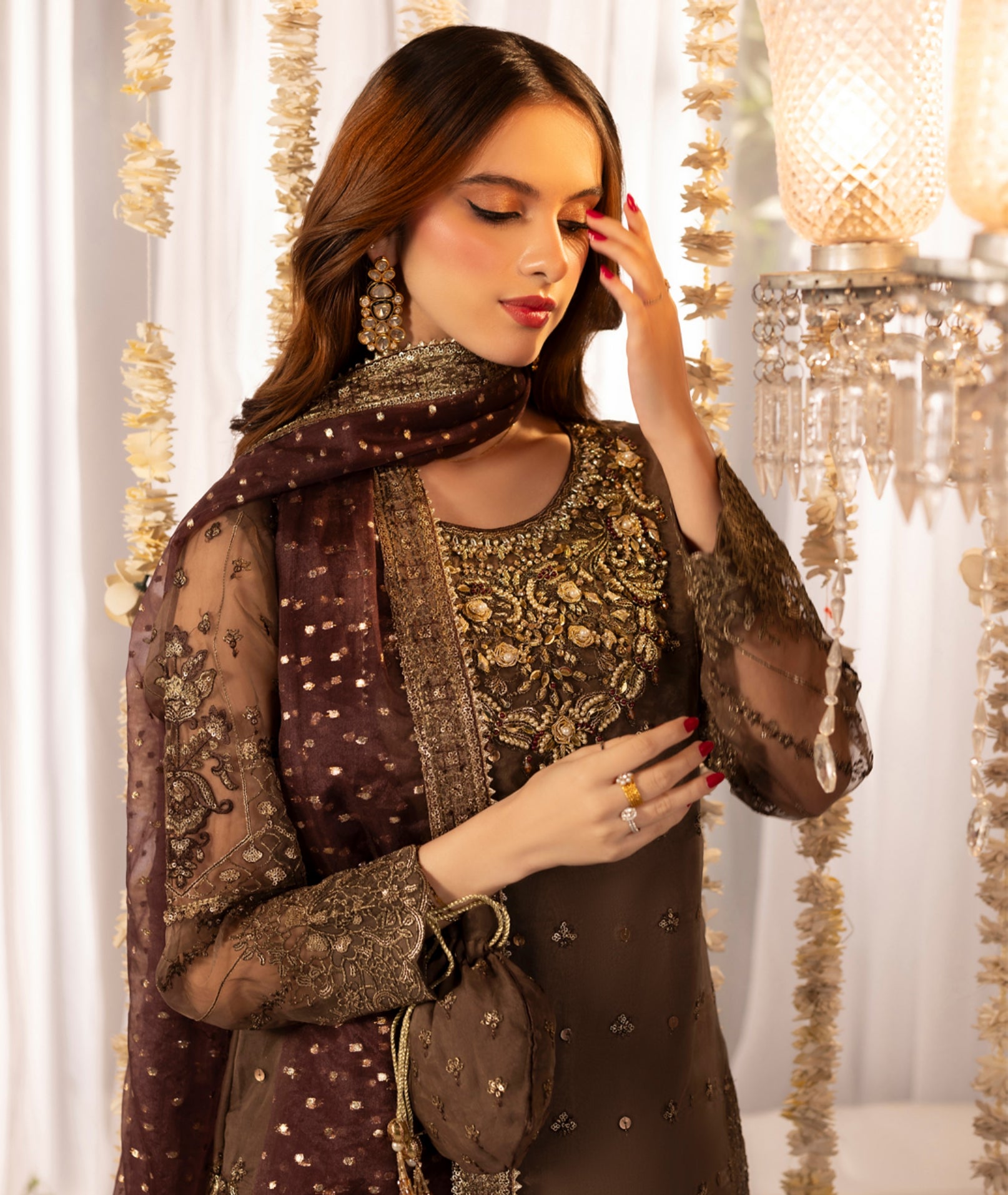 Mocha Brown Organza Zardozi Festive 3-Piece