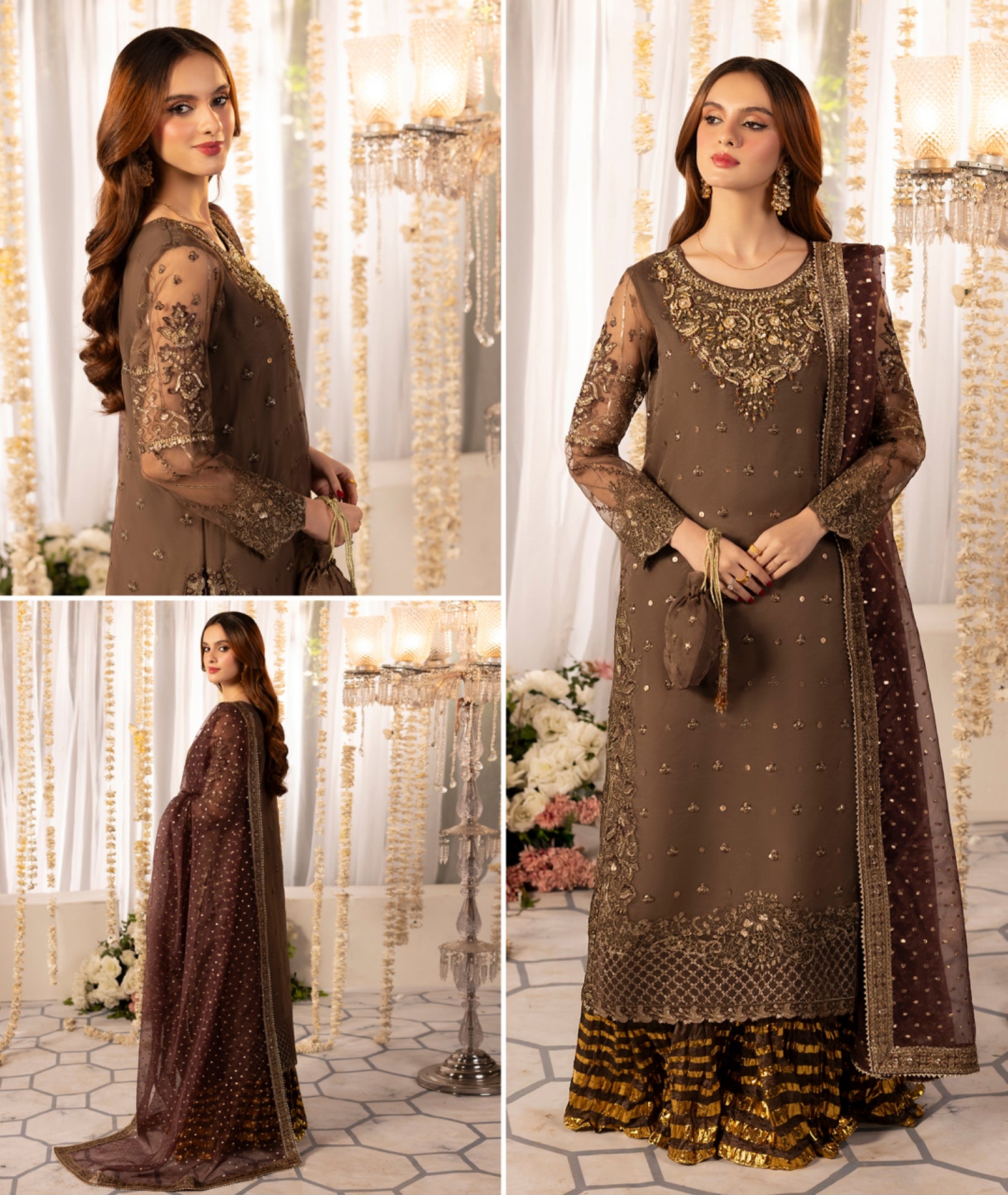 Mocha Brown Organza Zardozi Festive 3-Piece