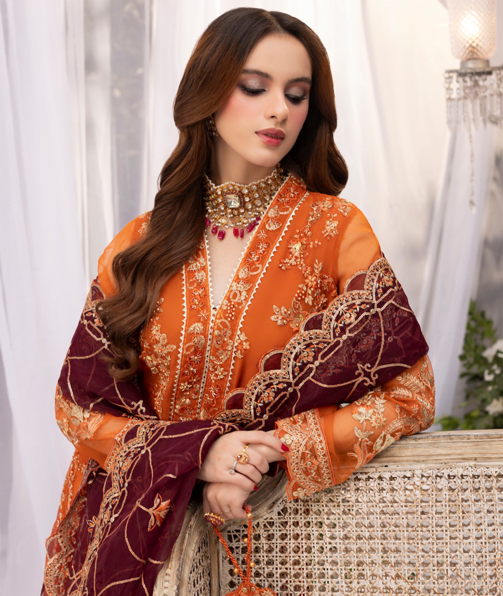 Rust Orange Organza Zardozi Festive 3-Piece