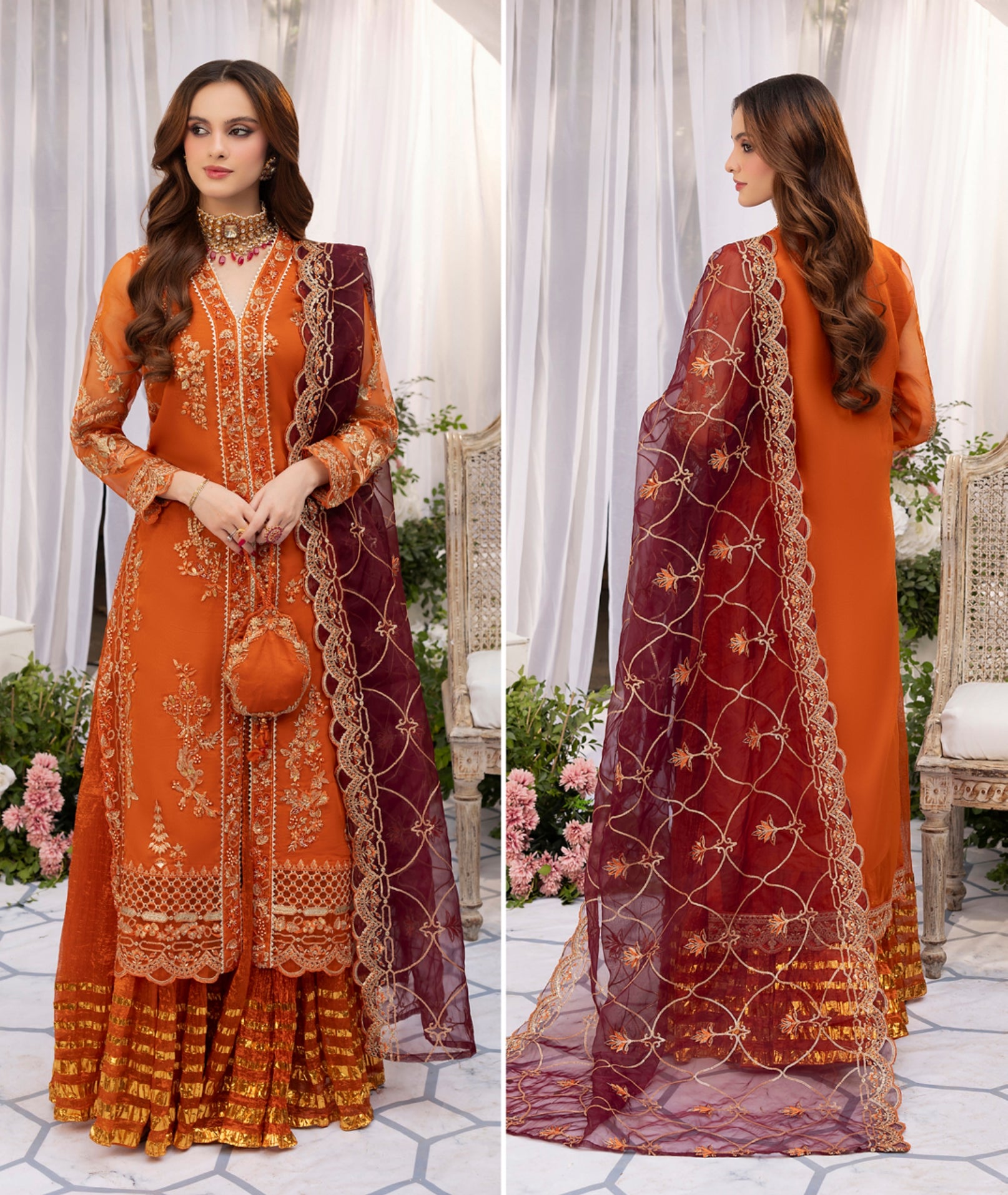 Rust Orange Organza Zardozi Festive 3-Piece