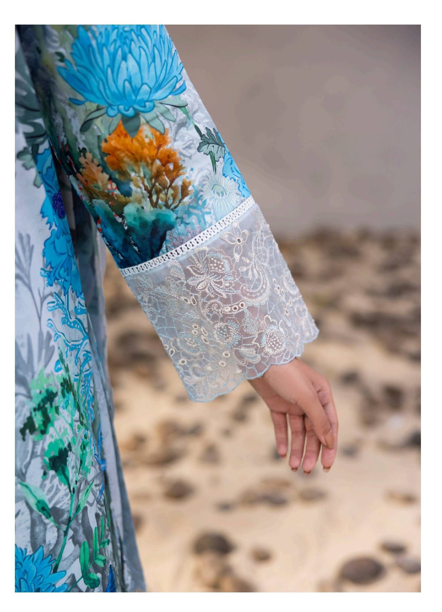 Blue and White Coral Embroidered Lawn