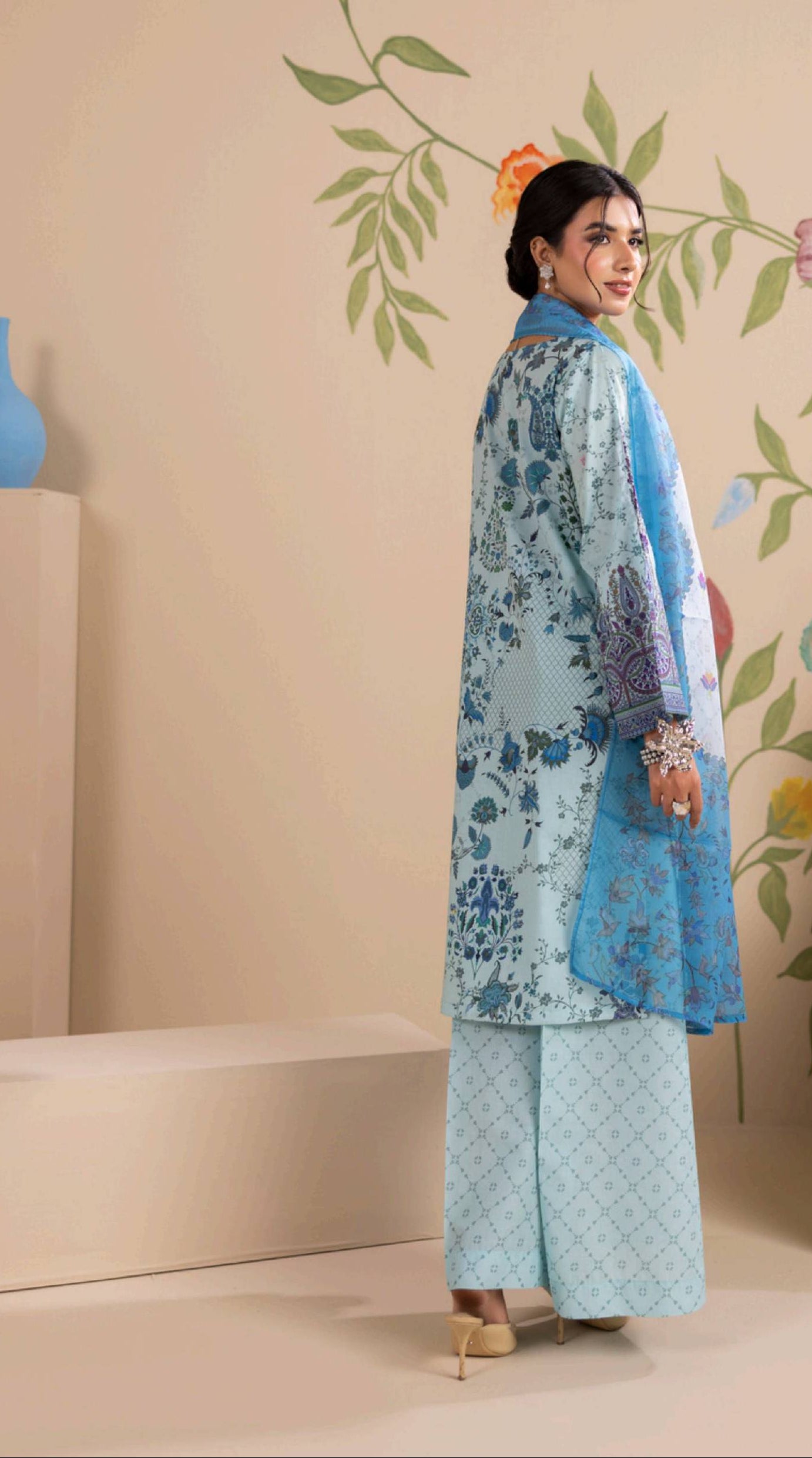 Blue Floral Embroidered Lawn