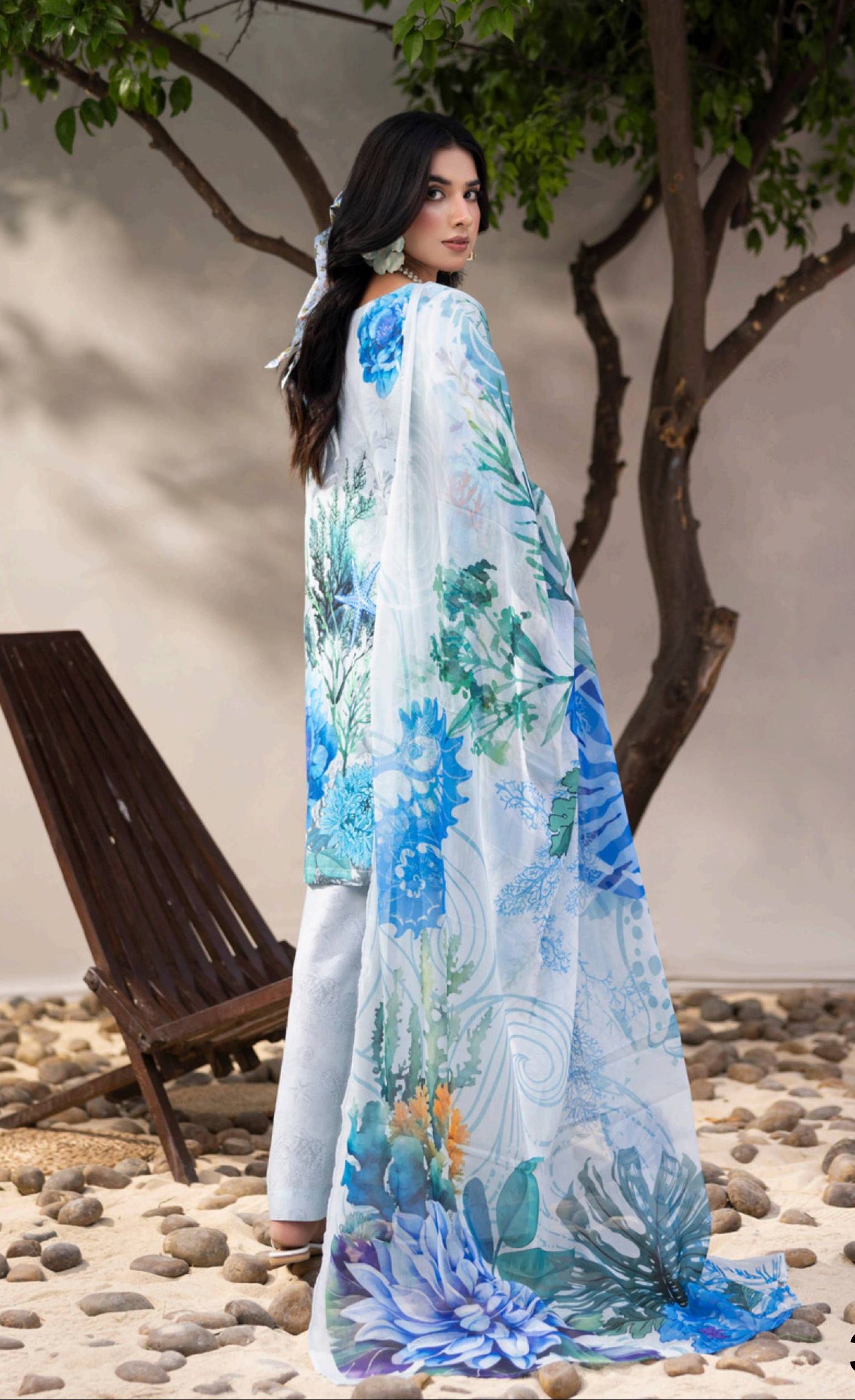 Blue and White Coral Embroidered Lawn