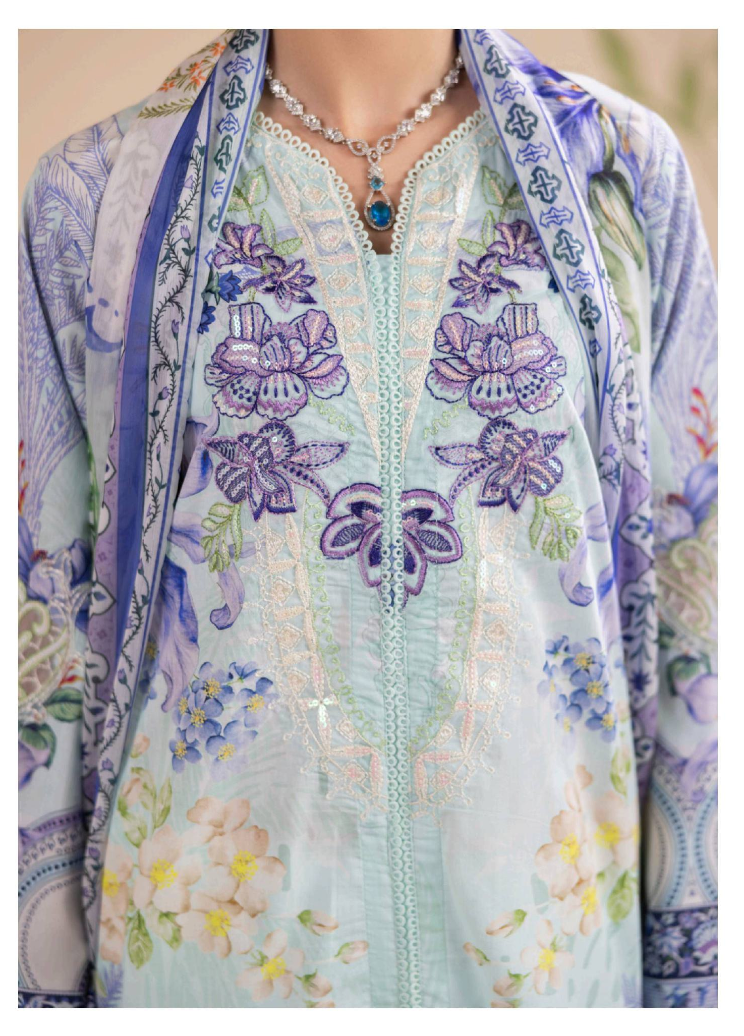 Pastel Blue Floral Embroidered Lawn