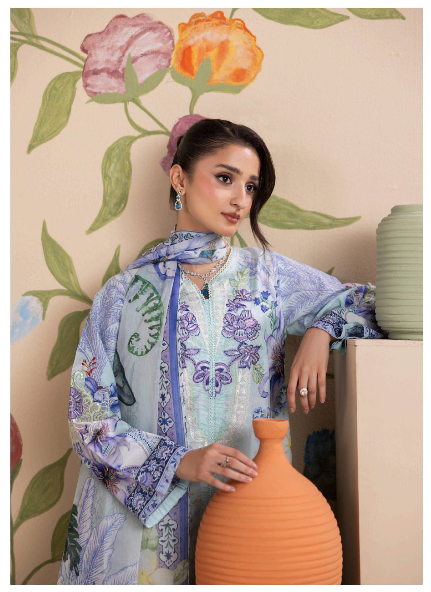 Pastel Blue Floral Embroidered Lawn