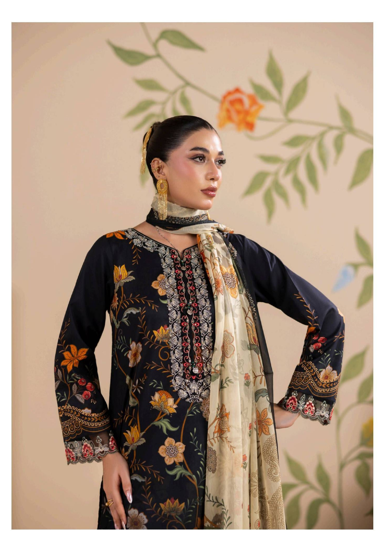 Black Floral Embroidered Lawn