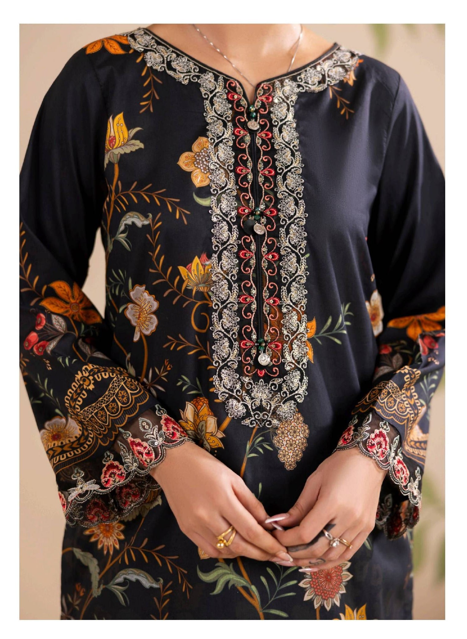 Black Floral Embroidered Lawn