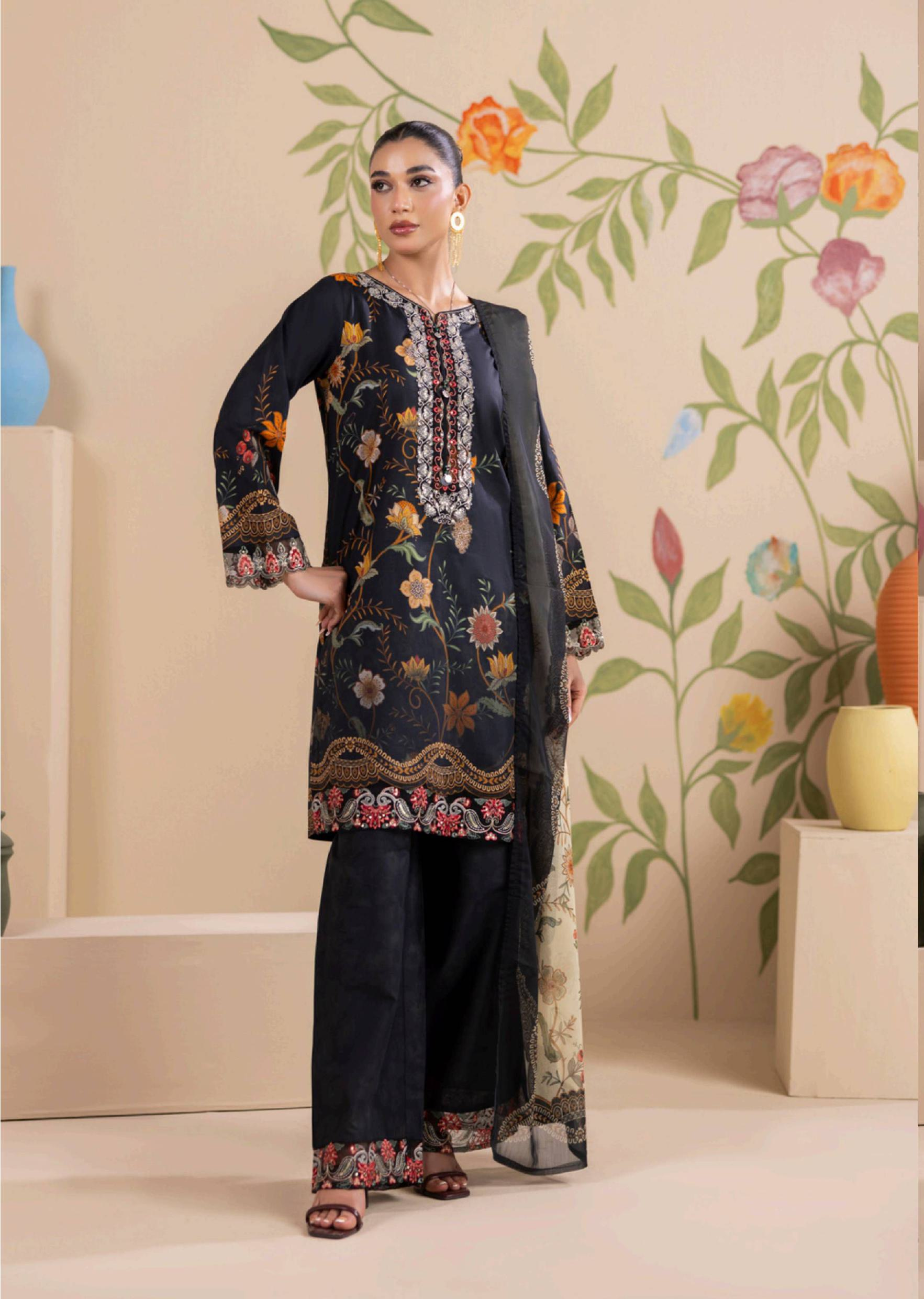 Black Floral Embroidered Lawn