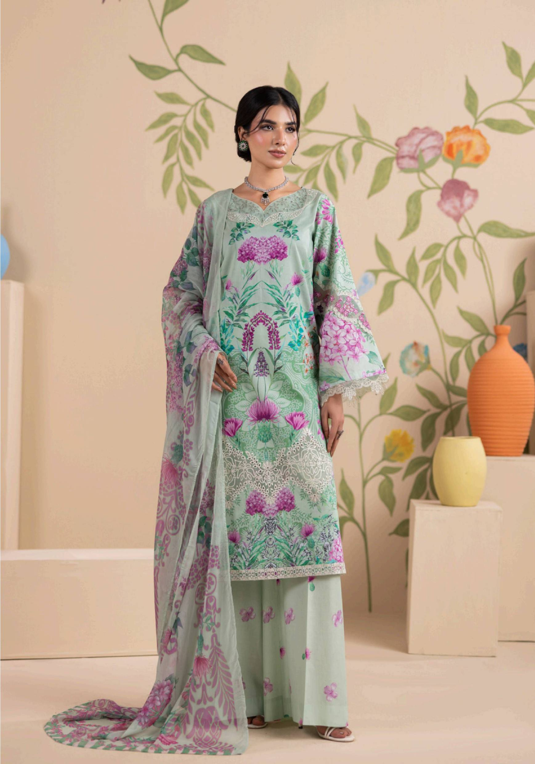 Pastel Green Floral Embroidered Lawn